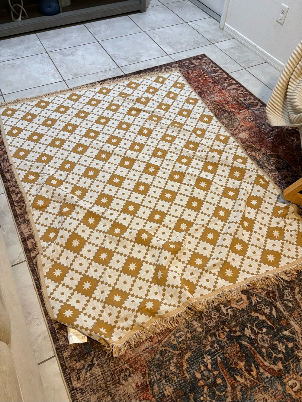 IKEA SVARTFRYLE Geometric Fringe Throw Blanket in Mustard & Cream